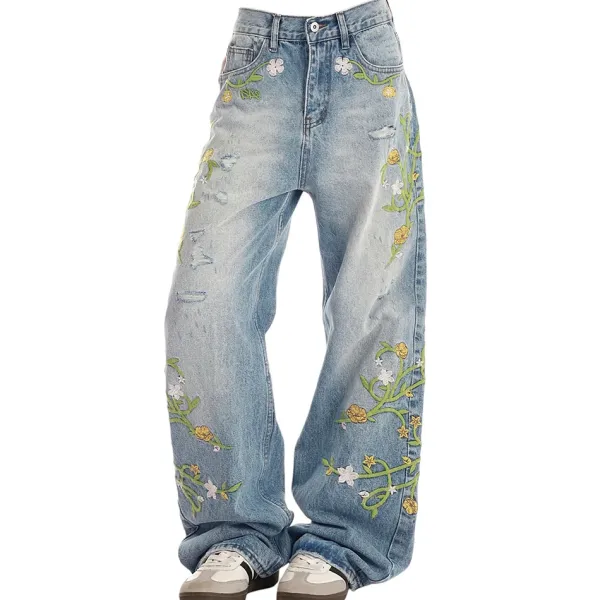Jeans*Boogzel Clothing Floral Vine Fairycore Embroidery Jeans Blue