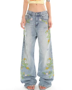 Jeans*Boogzel Clothing Floral Vine Fairycore Embroidery Jeans Blue