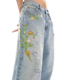Jeans*Boogzel Clothing Floral Vine Fairycore Embroidery Jeans Blue