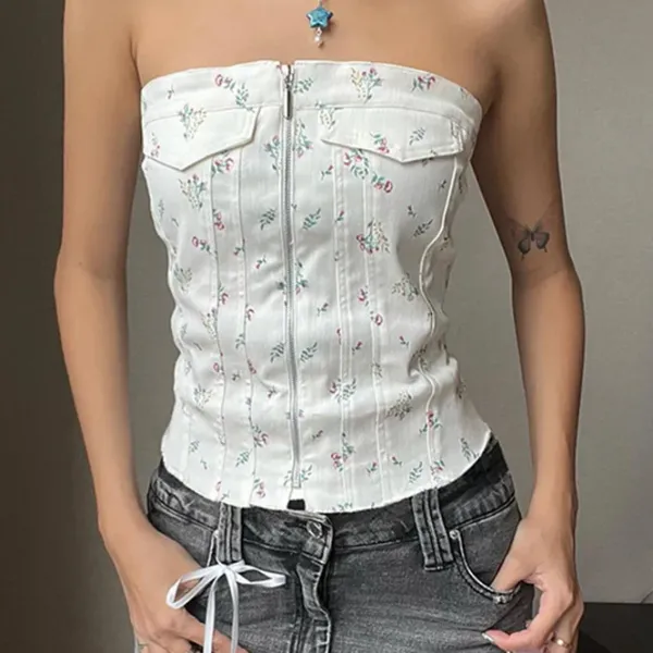 Y2K Tops|Corset Tops*Boogzel Clothing Floral Zip Up Corset Top White