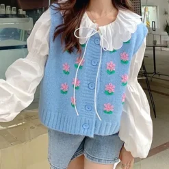 Knit Vests*Boogzel Clothing Flower Embroidery Knit Vest Blue