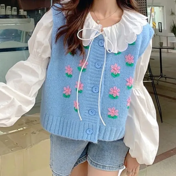 Knit Vests*Boogzel Clothing Flower Embroidery Knit Vest Blue
