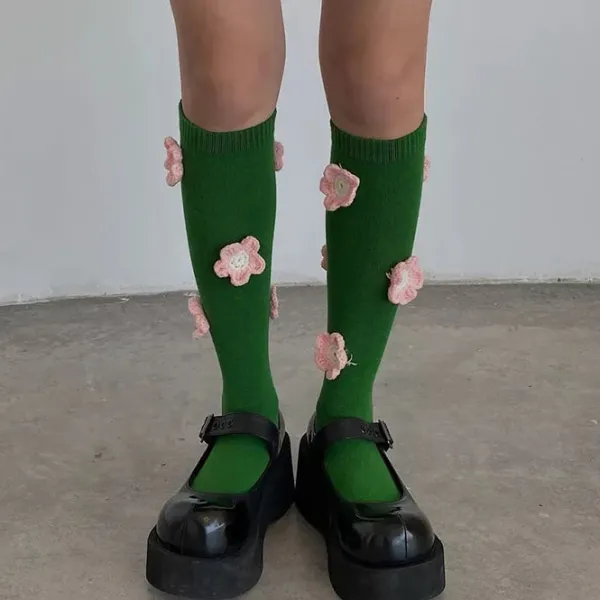 Socks*Boogzel Clothing Flower Embroidery Knee Socks Green