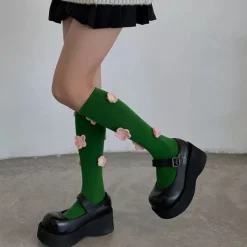 Socks*Boogzel Clothing Flower Embroidery Knee Socks Green