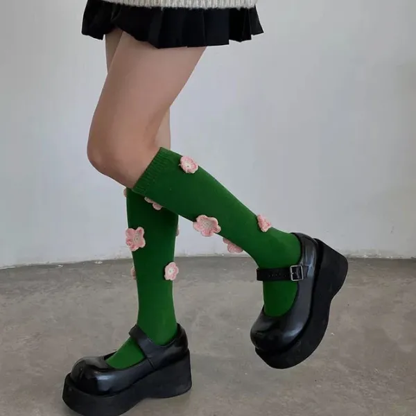 Socks*Boogzel Clothing Flower Embroidery Knee Socks Green