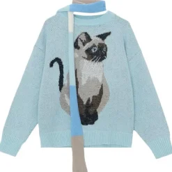 Sweaters*Boogzel Clothing Fluffy Siamese Cat Print Jumper Blue