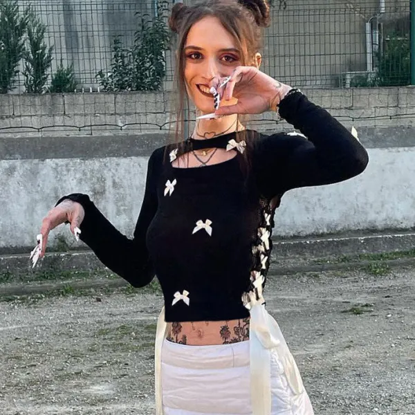 Crop Tops|Long Sleeve Tops*Boogzel Clothing French Maid Cut Out Long Sleeve Top Black