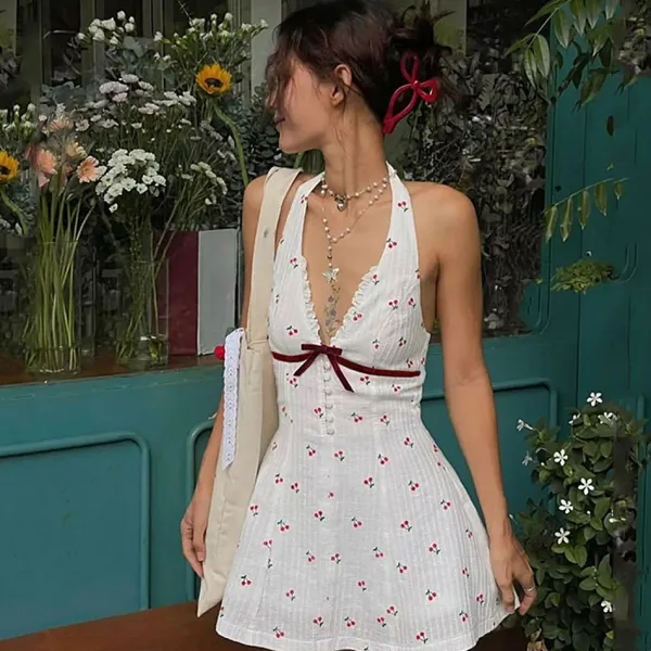 Dresses & Rompers*Boogzel Clothing French Summer Cherry Halter Dress White/red