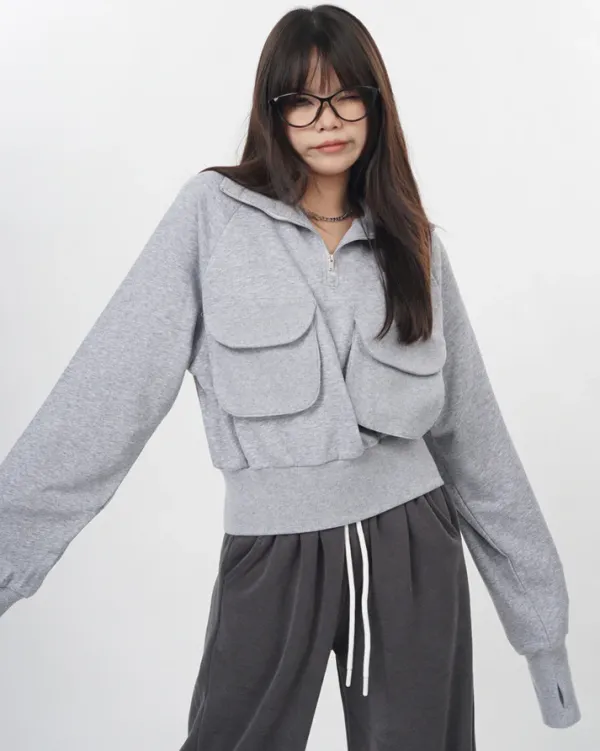 Sweaters|Hoodies*Boogzel Clothing Front Pockets Zip Up Sweatshirt Grey