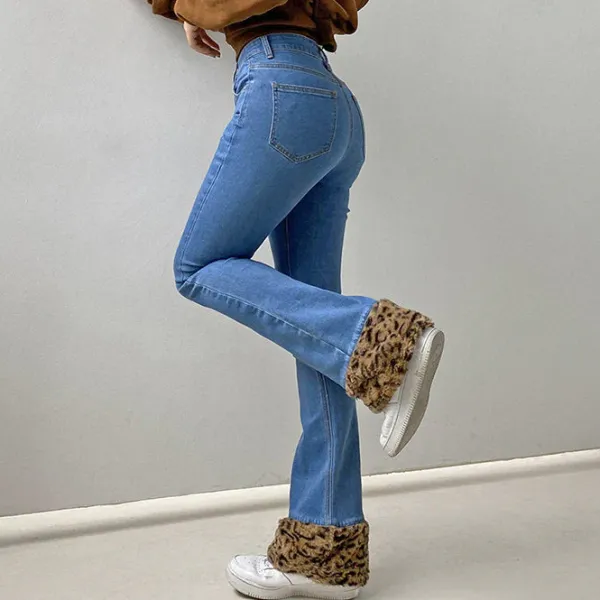 Jeans*Boogzel Clothing Fuzzy Leopard Trim Jeans Blue