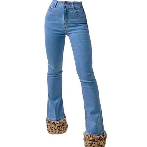 Jeans*Boogzel Clothing Fuzzy Leopard Trim Jeans Blue