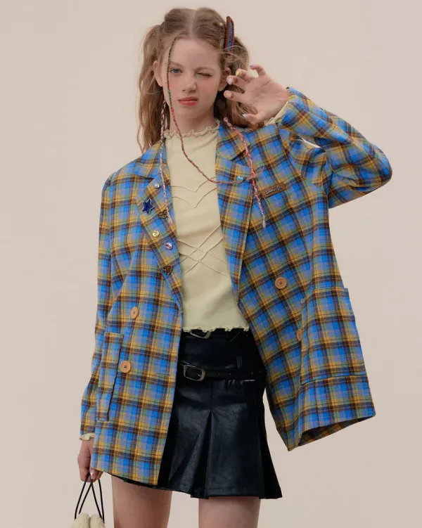 Coats & Jackets*Boogzel Clothing Good Manners Oversized Plaid Blazer Blue/yellow