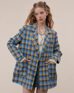 Coats & Jackets*Boogzel Clothing Good Manners Oversized Plaid Blazer Blue/yellow