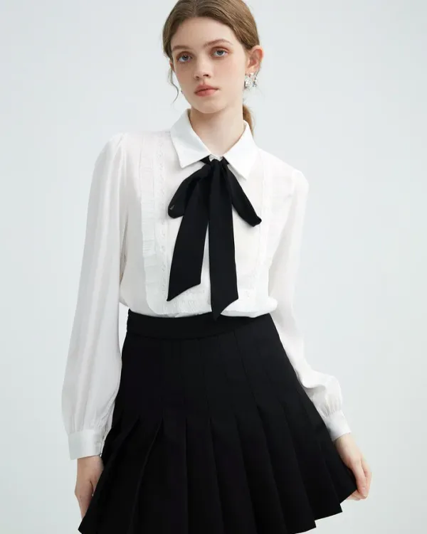 Long Sleeve Tops*Boogzel Clothing Good Manners Ruffle Bow Tie Neck Shirt