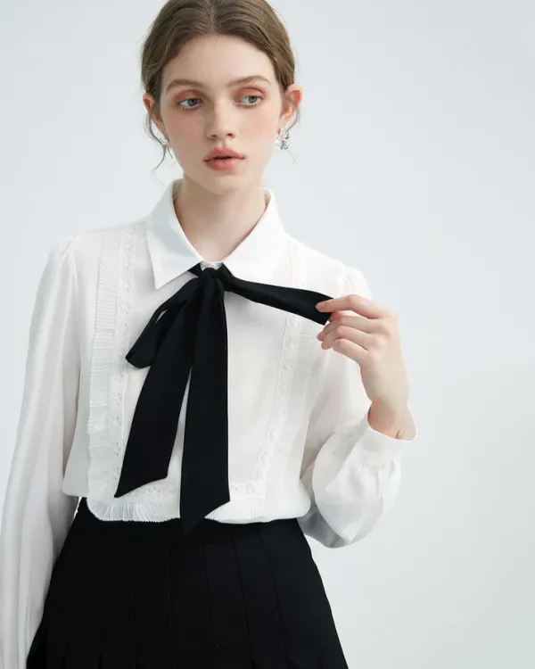 Long Sleeve Tops*Boogzel Clothing Good Manners Ruffle Bow Tie Neck Shirt