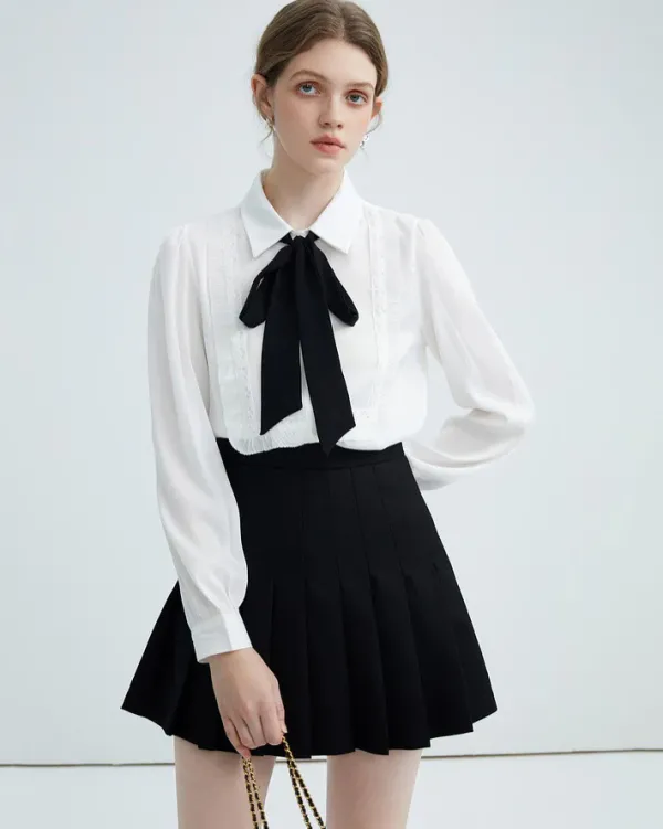 Long Sleeve Tops*Boogzel Clothing Good Manners Ruffle Bow Tie Neck Shirt