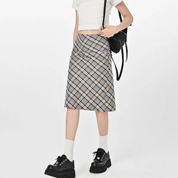 Skirts*Boogzel Clothing Gossip Goes Around Plaid Midi Skirt Beige/blue