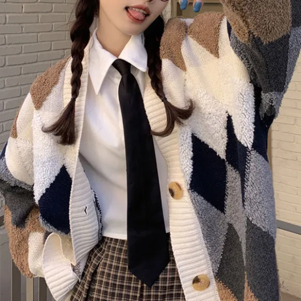 Argyle Sweaters & Vests|Knit Cardigans*Boogzel Clothing Grandma Aesthetic Argyle Cardigan Beige/grey