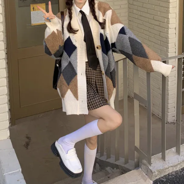 Argyle Sweaters & Vests|Knit Cardigans*Boogzel Clothing Grandma Aesthetic Argyle Cardigan Beige/grey