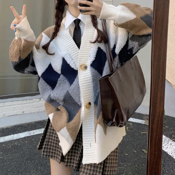Argyle Sweaters & Vests|Knit Cardigans*Boogzel Clothing Grandma Aesthetic Argyle Cardigan Beige/grey