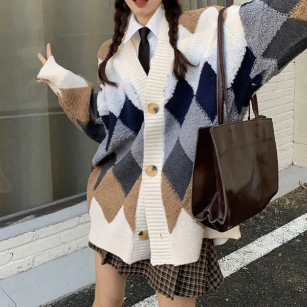 Argyle Sweaters & Vests|Knit Cardigans*Boogzel Clothing Grandma Aesthetic Argyle Cardigan Beige/grey