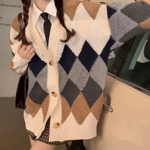 Argyle Sweaters & Vests|Knit Cardigans*Boogzel Clothing Grandma Aesthetic Argyle Cardigan Beige/grey