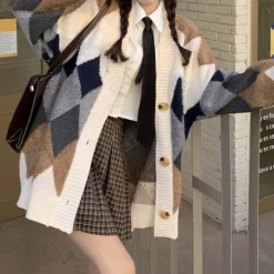 Argyle Sweaters & Vests|Knit Cardigans*Boogzel Clothing Grandma Aesthetic Argyle Cardigan Beige/grey