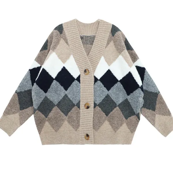 Argyle Sweaters & Vests|Knit Cardigans*Boogzel Clothing Grandma Aesthetic Argyle Cardigan Beige/grey