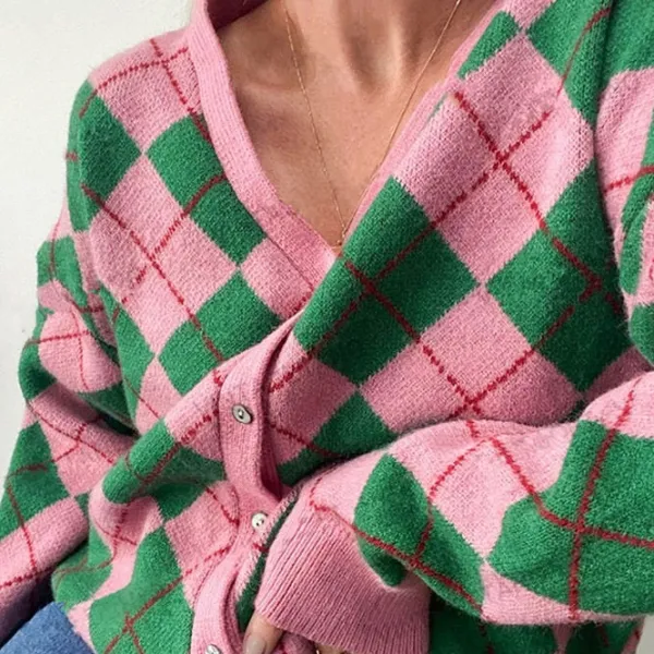 Argyle Sweaters & Vests|Knit Cardigans*Boogzel Clothing Green & Pink Argyle Pattern Cardigan Pink/green