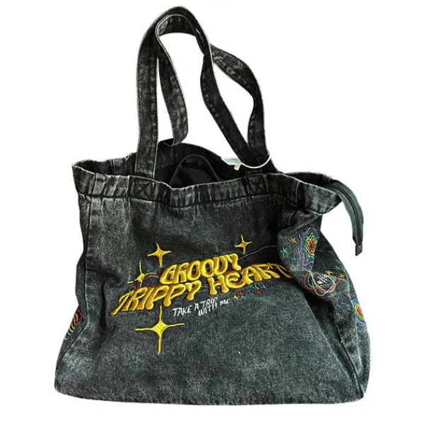 Bags & Purses*Boogzel Clothing Groovy Trippy Heart Denim Bag DarkGrey
