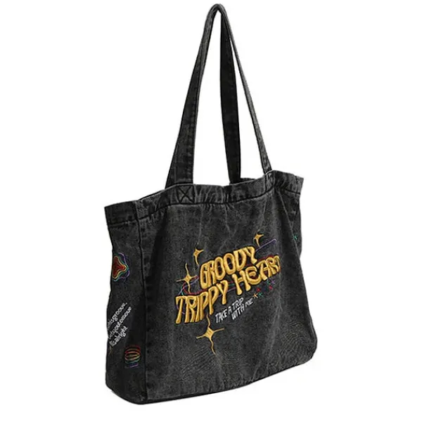 Bags & Purses*Boogzel Clothing Groovy Trippy Heart Denim Bag DarkGrey