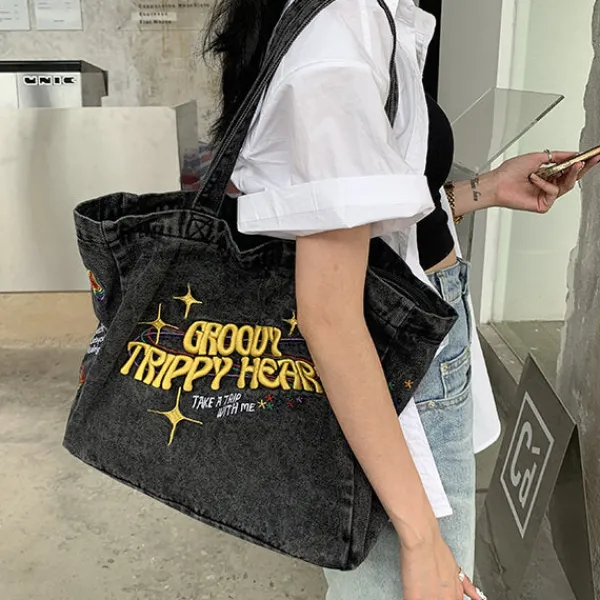 Bags & Purses*Boogzel Clothing Groovy Trippy Heart Denim Bag DarkGrey
