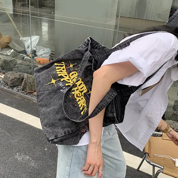 Bags & Purses*Boogzel Clothing Groovy Trippy Heart Denim Bag DarkGrey