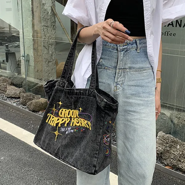 Bags & Purses*Boogzel Clothing Groovy Trippy Heart Denim Bag DarkGrey