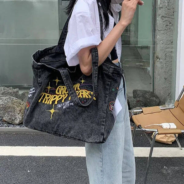 Bags & Purses*Boogzel Clothing Groovy Trippy Heart Denim Bag DarkGrey