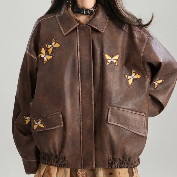 Coats & Jackets*Boogzel Clothing Grunge Aesthetic Butterfly Leather Jacket Brown