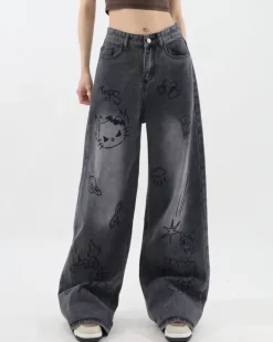Jeans*Boogzel Clothing Grunge Aesthetic Cat Jeans Black