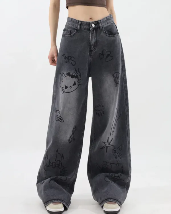 Jeans*Boogzel Clothing Grunge Aesthetic Cat Jeans Black