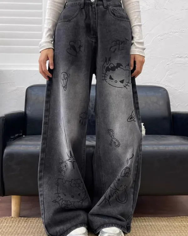 Jeans*Boogzel Clothing Grunge Aesthetic Cat Jeans Black