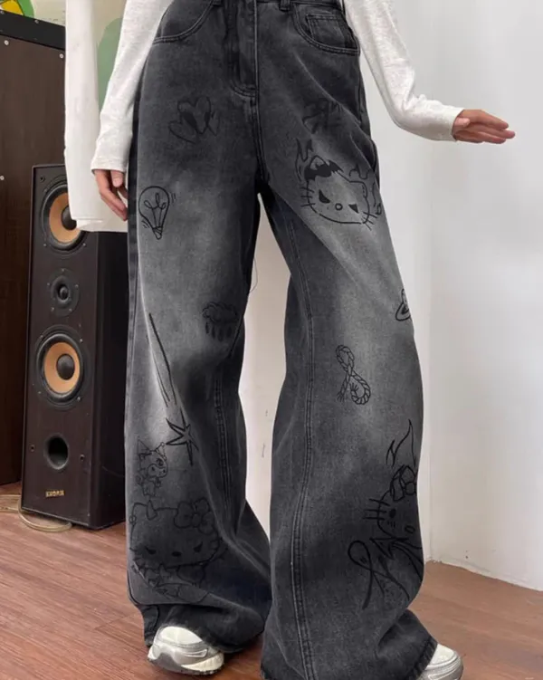 Jeans*Boogzel Clothing Grunge Aesthetic Cat Jeans Black