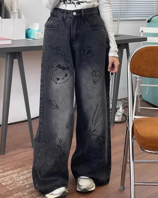 Jeans*Boogzel Clothing Grunge Aesthetic Cat Jeans Black