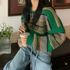 Striped Sweaters|Sweaters*Boogzel Clothing Grunge Aesthetic Crop Sweater Green