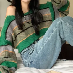 Striped Sweaters|Sweaters*Boogzel Clothing Grunge Aesthetic Crop Sweater Green