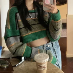 Striped Sweaters|Sweaters*Boogzel Clothing Grunge Aesthetic Crop Sweater Green