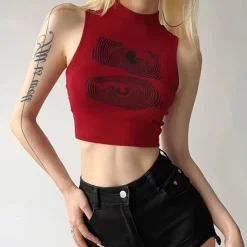 Crop Tops*Boogzel Clothing Grunge Aesthetic Eyes Print Crop Top Red