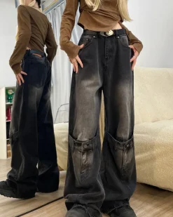 Jeans*Boogzel Clothing Grunge Aesthetic Knee Buckle Jeans Black