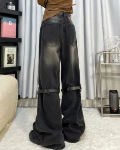 Jeans*Boogzel Clothing Grunge Aesthetic Knee Buckle Jeans Black
