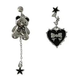 Earrings*Boogzel Clothing Grunge Bear Heart Asymmetric Earrings Silver