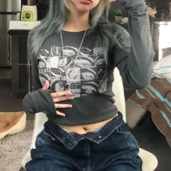Long Sleeve Tops*Boogzel Clothing Grunge Eyes Long Sleeve Tee Grey