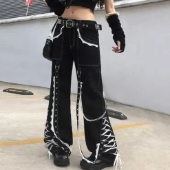 Jeans*Boogzel Clothing Grunge Lace Up Baggy Jeans Black